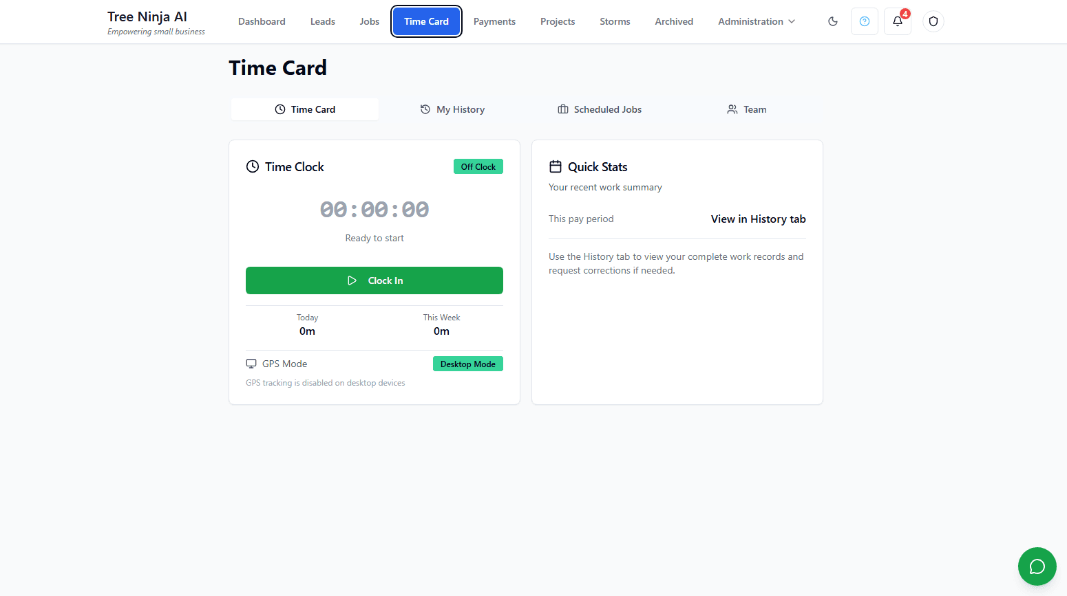 Tree Ninja AI Time Card - Employee time tracking with GPS and scheduling