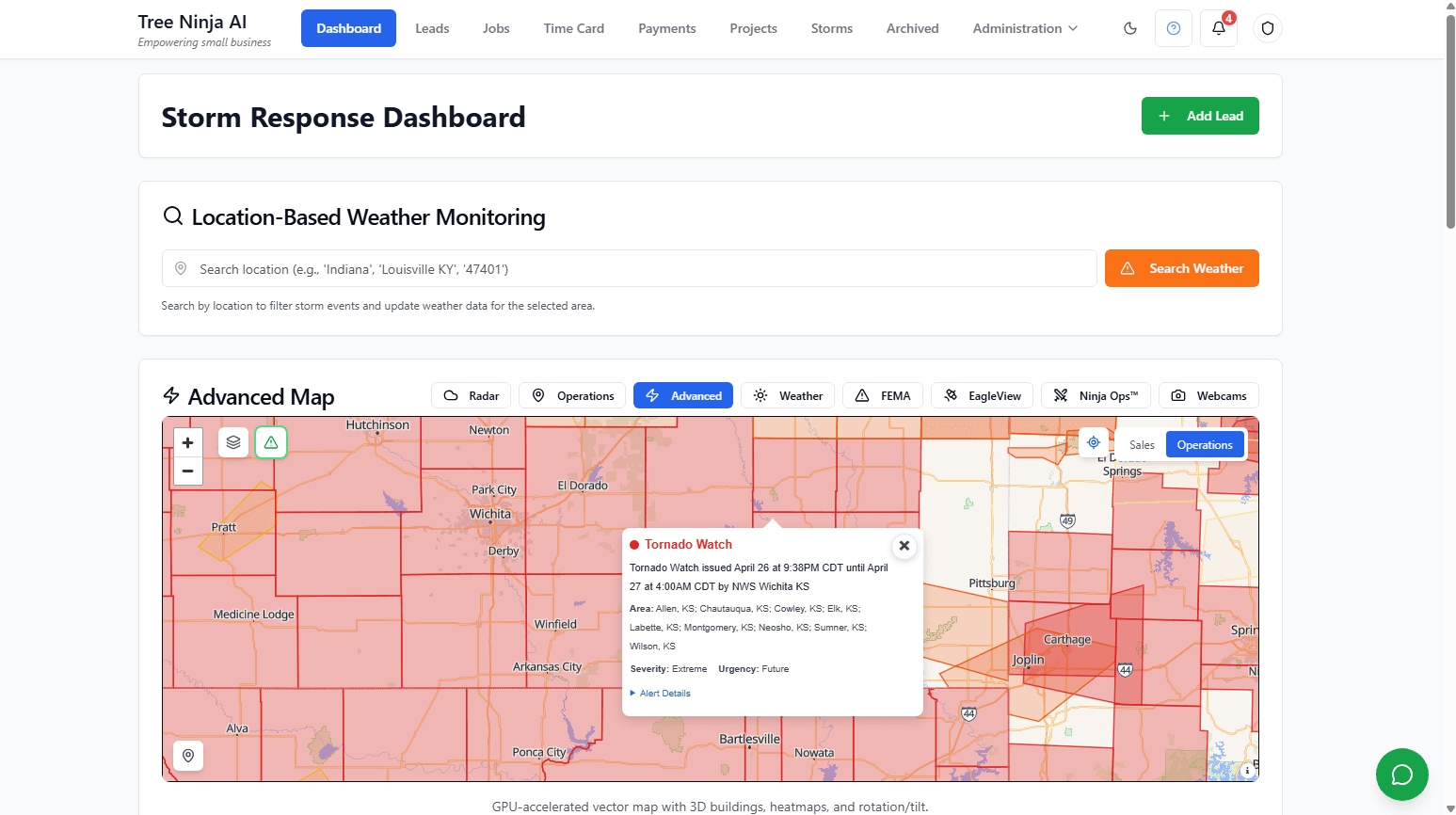 Tree Ninja AI Storm Response Dashboard - Weather monitoring with advanced mapping